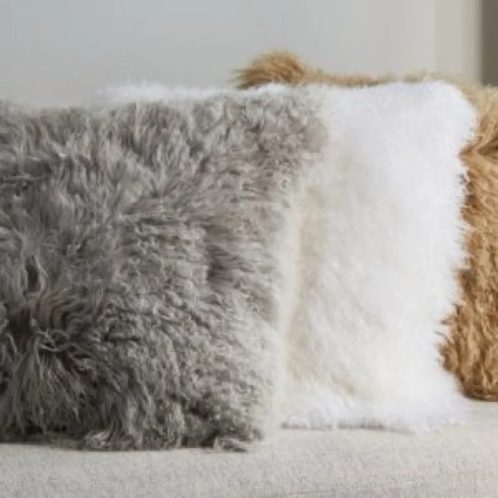 West Elm Mongolian Lamb Fur Throw Pillow Cover Pearl Gray 12 X 16